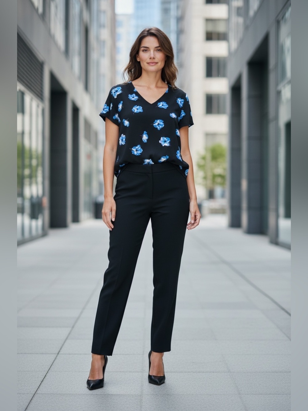 41 Hawthorn, Floral Blouse, Black Blue Flowers V-Neck Flutter Sleeve, Medium